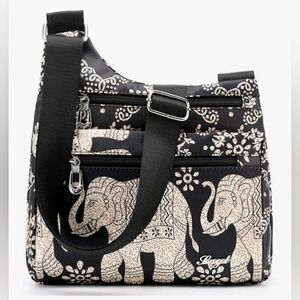 Elephant Printed Black and Gold tone Crossbody Bag